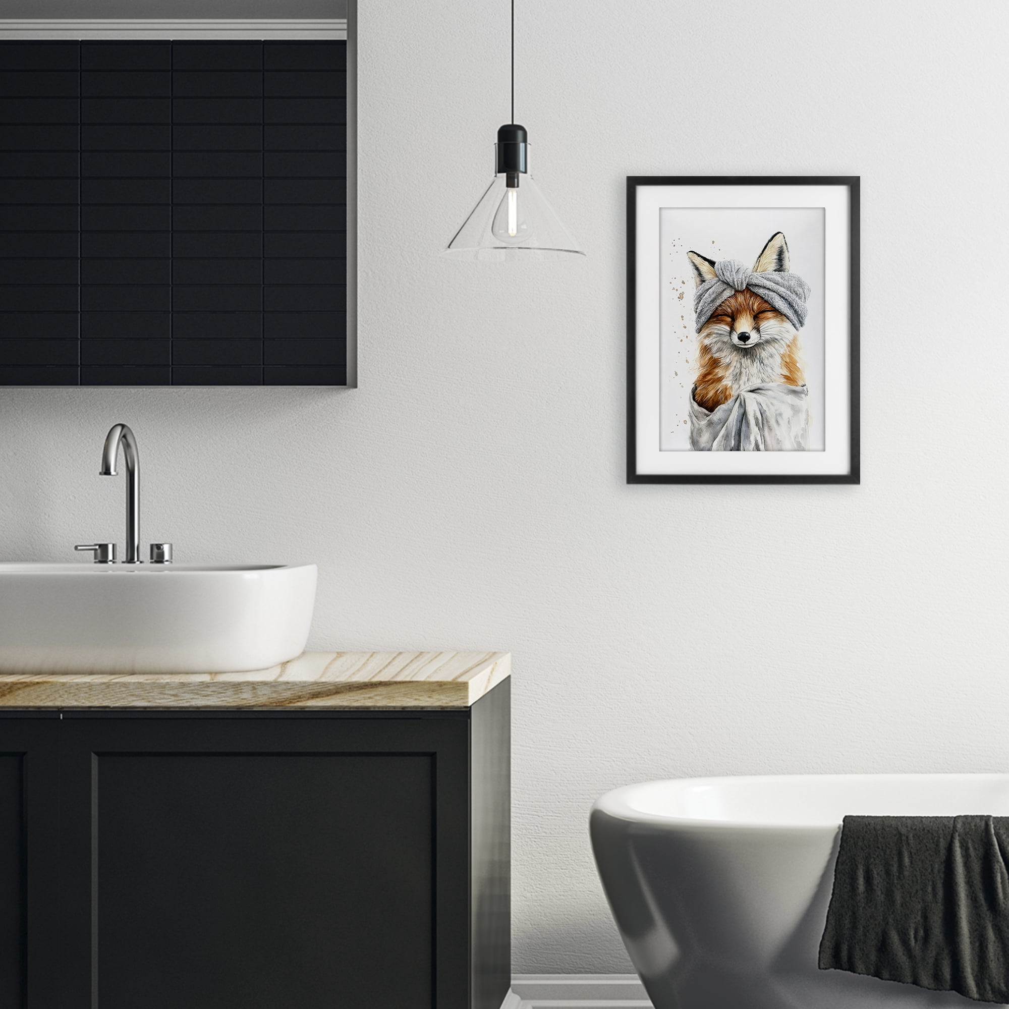 Stupell Industries Bathroom Fox Wrapped in Towel Black Framed Print Under Glass, design by Tina LeCour