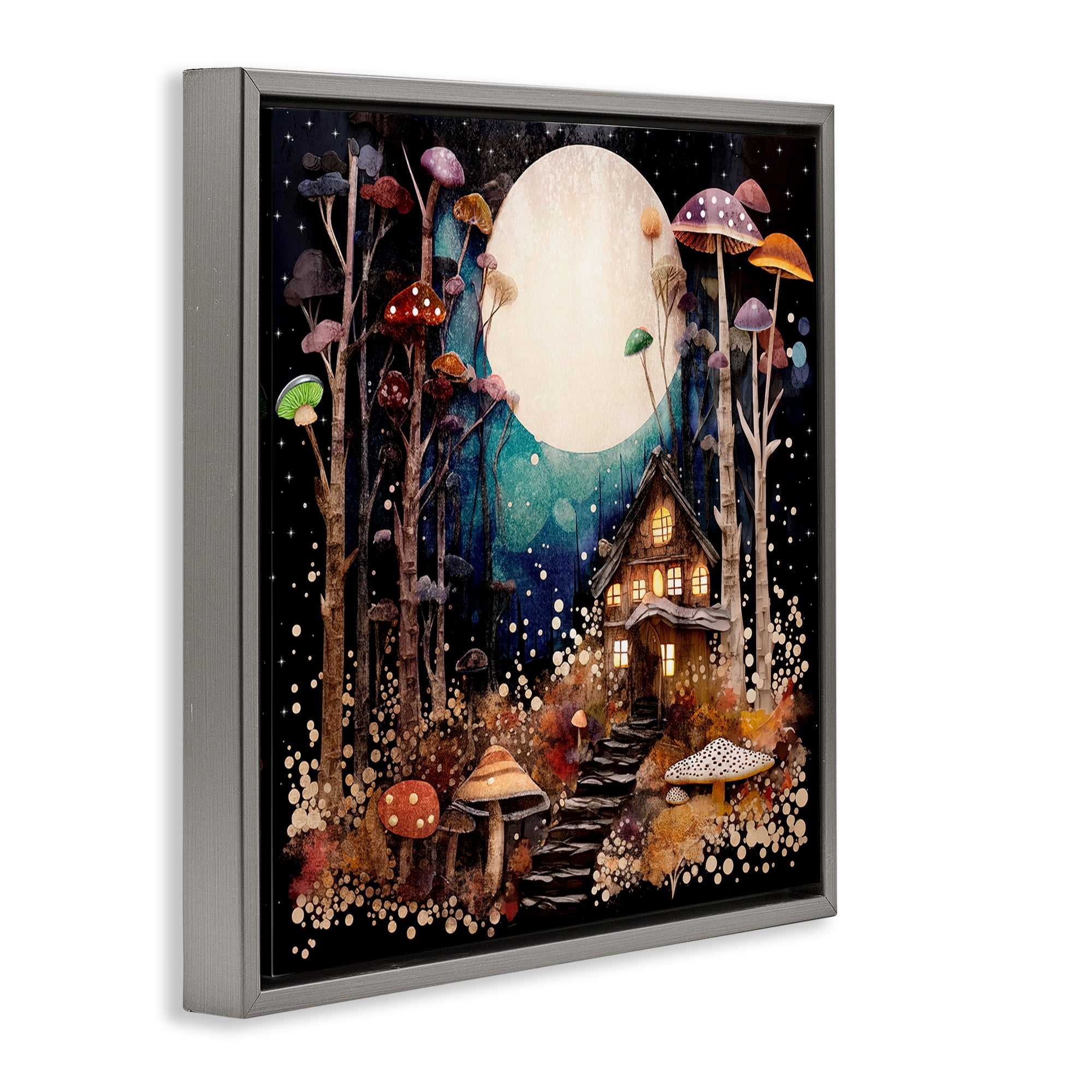 Stupell Industries Whimsical Mushroom Cottage Landscape & Nature Painting Gray Floater Framed Canvas Art Print Wall Art, 18 x 18
