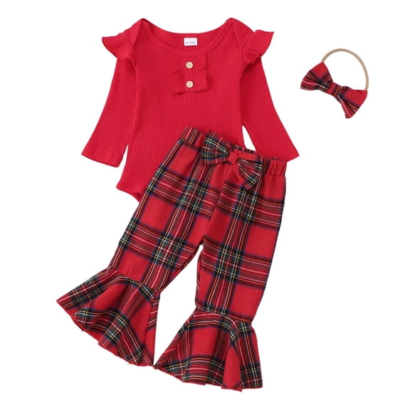 Curenmufel Christmas Dress Baby Girl Outfit 3Pcs Newborn Outfit Romper Jogger Pants Hat Set Fall Winter Outfits Baby Girl Newborn 0 3 6 9 12 18 24 Months (Red,0-3 Months)