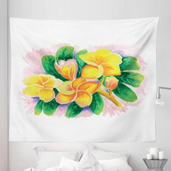 Flowers Tapestry, Tangerine Colored Plumeria Blossoms on Leaves Digital Watercolor Painting, Fabric Wall Hanging Decor for Bedroom Living Room Dorm, 5 Sizes, Rose Orange Green, by Ambesonne