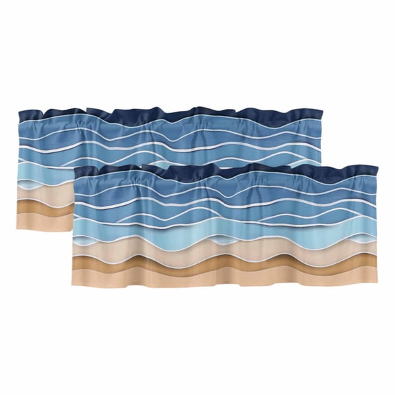Blue Beige Ombre Curtain Valances for Windows, Kitchen Valance Window Treatments Panel 2 Pack, Moire Modern Geometric Aesthetics Rod Pocket Short Curtains for Bathroom Bedroom 60 x 18 Inch