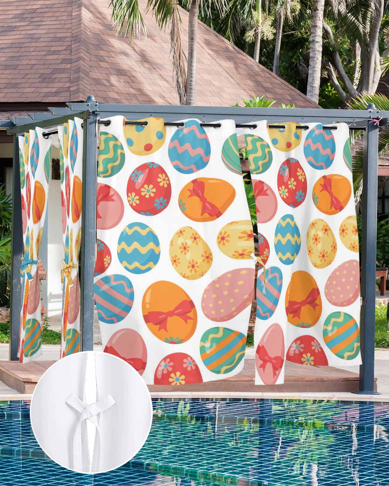 Easter Eggs Outdoor Curtains for Patio, Spring Colorful Striped Dots Bow Egg Watercolor Privacy Drapes Grommet Waterproof Outside Curtains for Porch/Cabana/Balcony 54"x 108", 1 Panel