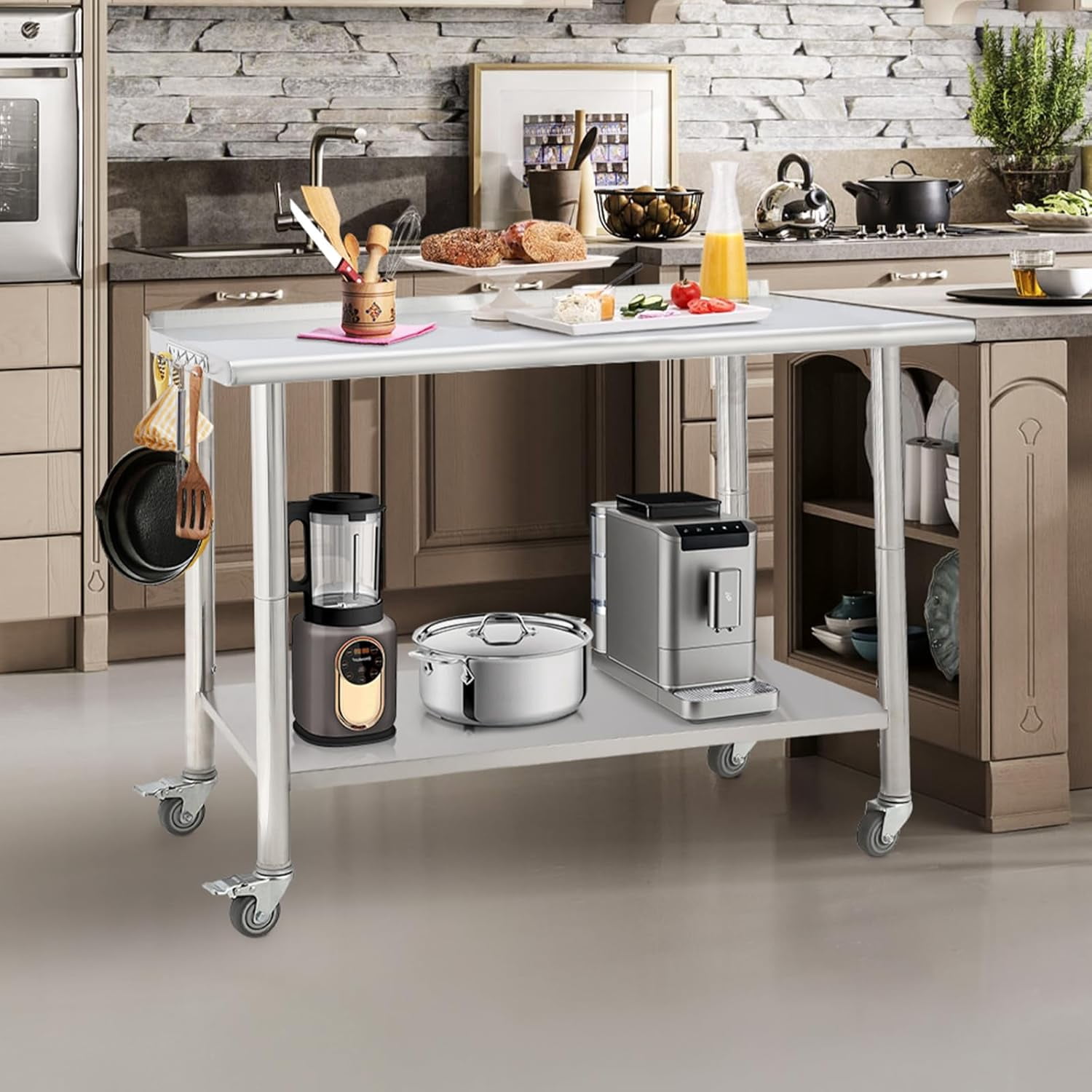 Tuekys Stainless Steel Table with Hooks,Metal Prep Table with Backsplash & Adjustable Undershelf,Curved Edge,Heavy Duty Food Prep Worktable for Home