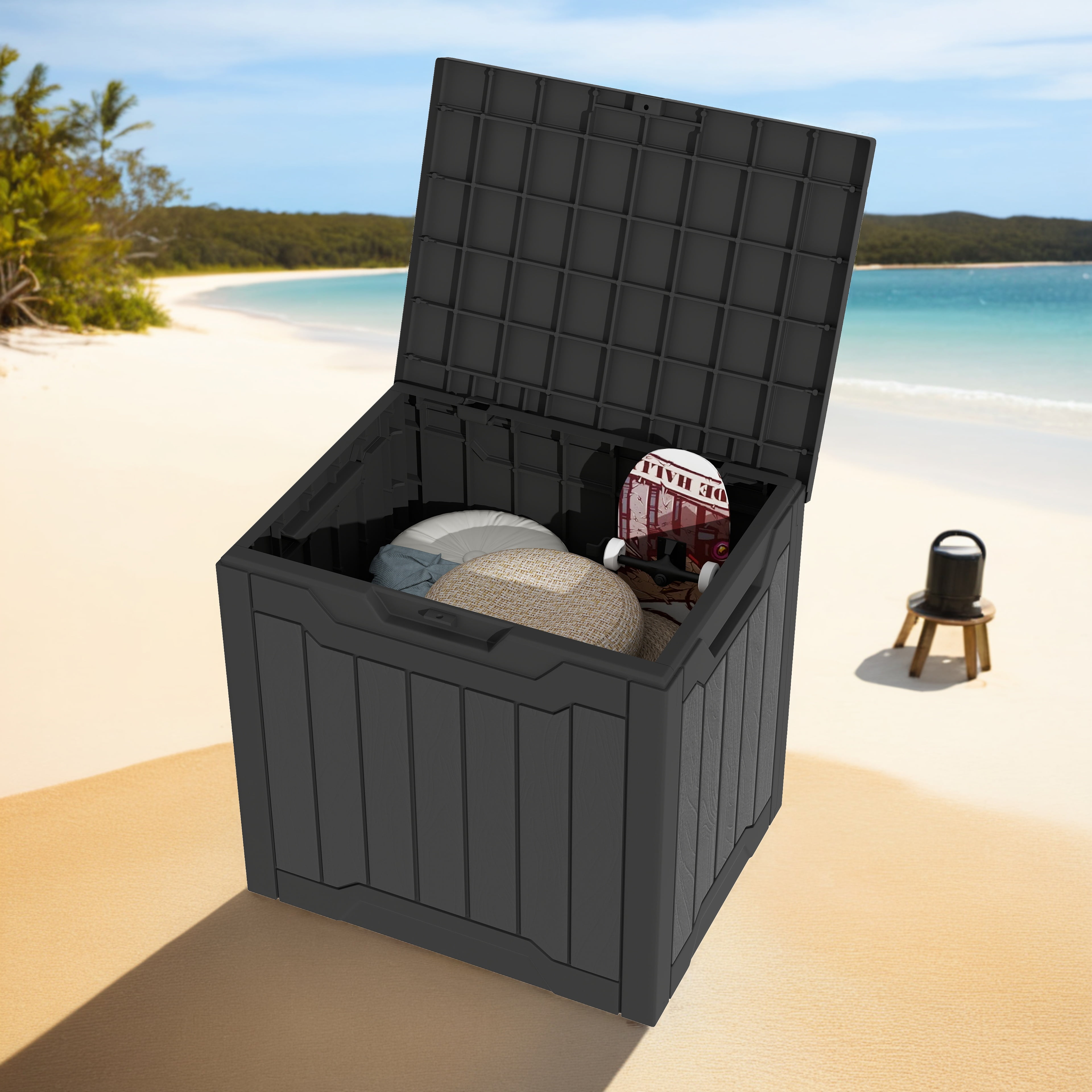 Uforic 31 Gallon Resin Outdoor Deck Box, Weatherproof, Lockable Lid, Side Handles, Black