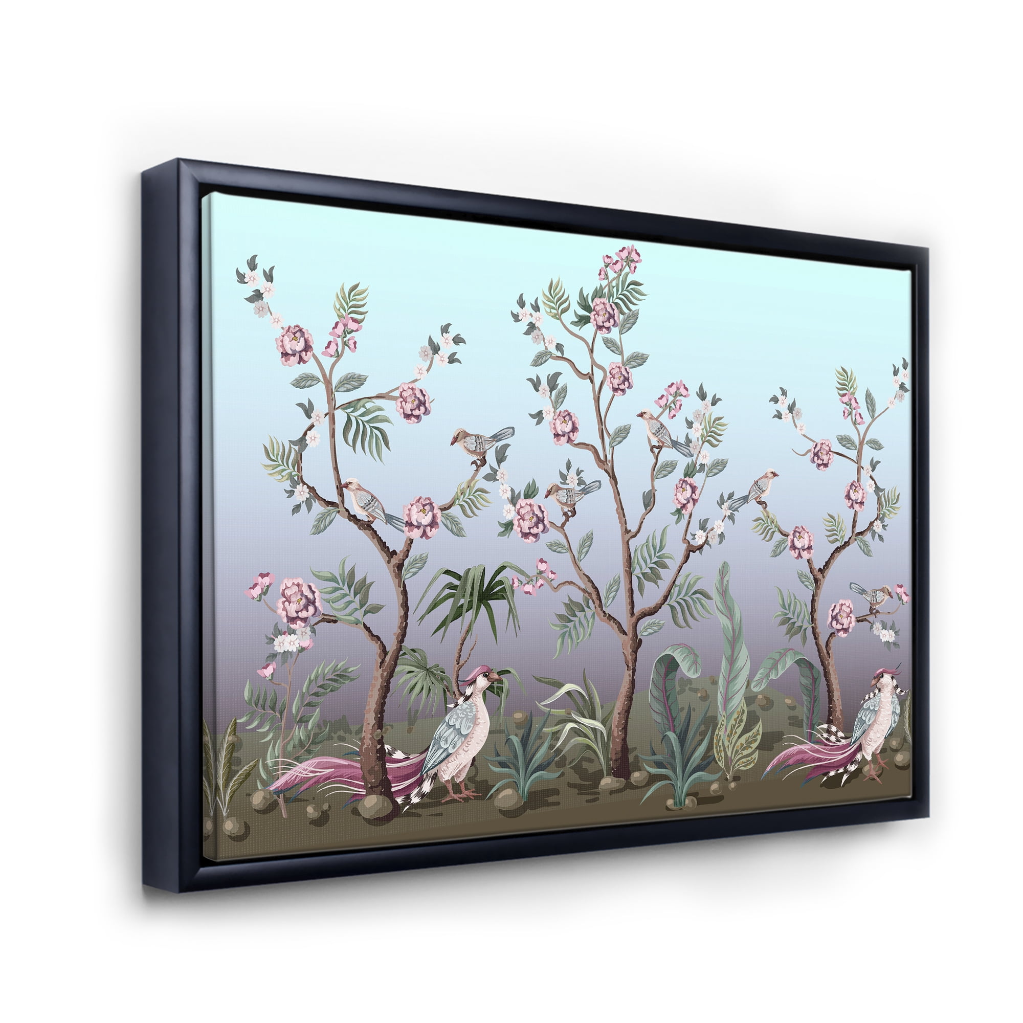Designart 'Chinoiserie With Peonies and Birds II' Traditional Framed Canvas Wall Art Print