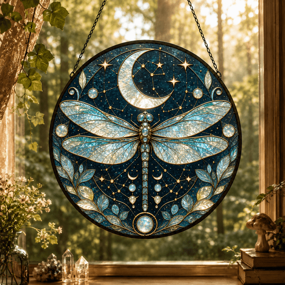 Celestial Moon Dragonfly Stained Glass Suncatcher Window Hanging Decor