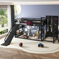thumbnail image 3 of Twin XL size metal loft/bunk bed with basketball hoop, pull-up rings, climbing wall, and built-in bookshelves. Playful   childlike Delight featuring a slide,Black., 3 of 23