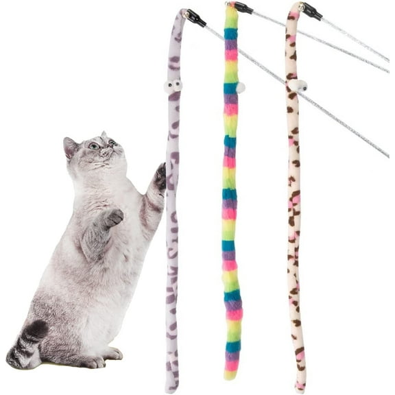 3 PCS Cat Toys, Cat Interactive Wand Toys with Feather and Bell, Safe Cat Teaser Catcher Stick Toy, Colorful and Sounding Wand Toys for Cats Kittens Training Pets Exerciser