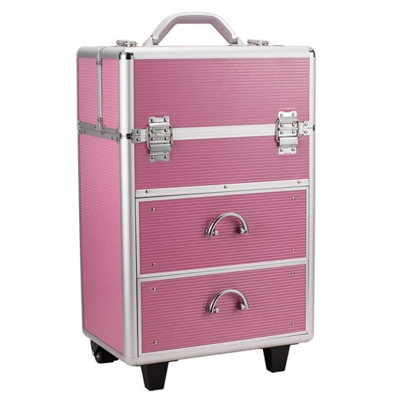 SalonMore Lockable Cosmetic Makeup Train Storage Case with Extendable Trays,Pink