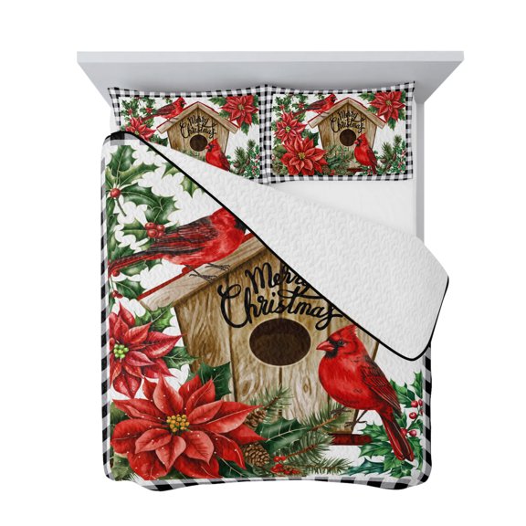 Twin Quilt Bedding Set, Merry Christmas Words on Wood Board Soft Microfiber Summer Bedspread Coverlet with 2 Pillow Shams, Red Flowers Black Plaid Breathable Bedding Set for Hot Sleepers