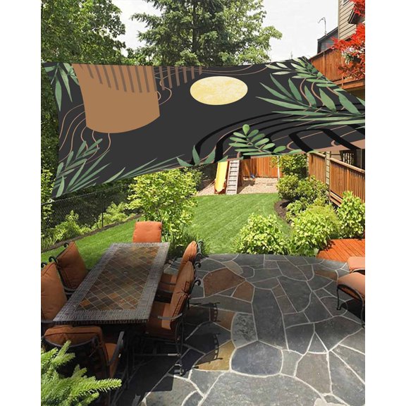 Sun Shade Sail 6.5x10Ft Boho Abstract Geometric Lines Gold Moon Plant Leaves Black Uv Block Sunshade Canopy Outdoor Shade Cover Rectangle Shade Cloth For Patio Garden Yard Deck Pergola