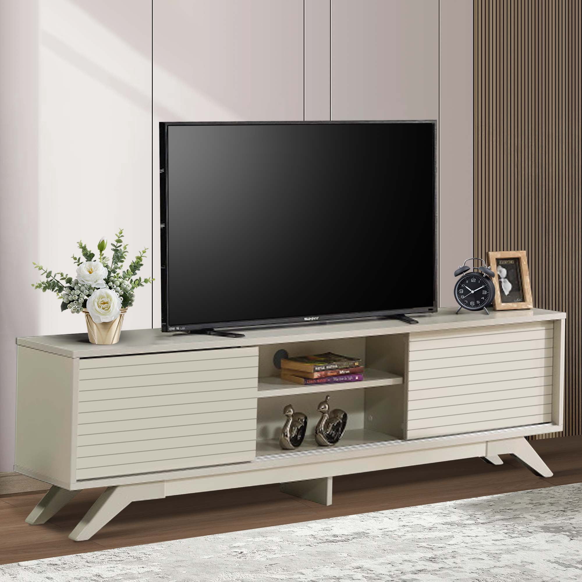 Aukfa Modern TV Stand for TVs up to 70" - TV Cabinet with 2 Sliding Door for living Room - Gray