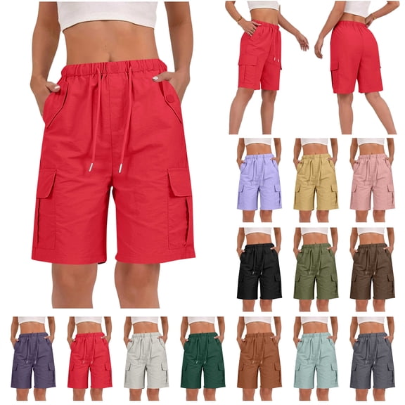 QATAINLAV Linen Bermuda Shorts for Women Summer High Waisted Knee Length Cargo Shorts Solid Casual Drawstring Wide Leg Hiking Capris with Pockets Navy M