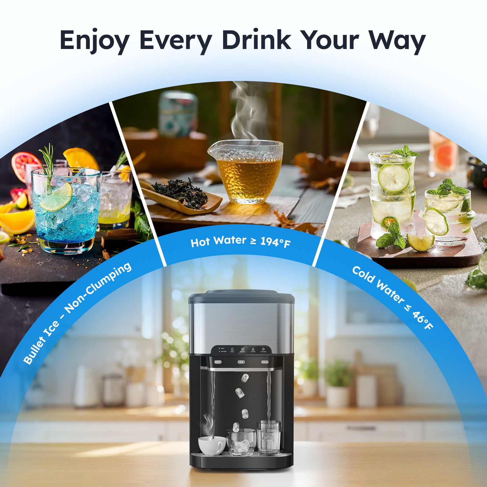 Joreek 3-in-1 Water Dispenser with Ice Maker, Cold & Hot Water Dispenser with Countertop Ice Maker, Loading 3 or 5 Gallon Bottle for Home/Kitchen/Office