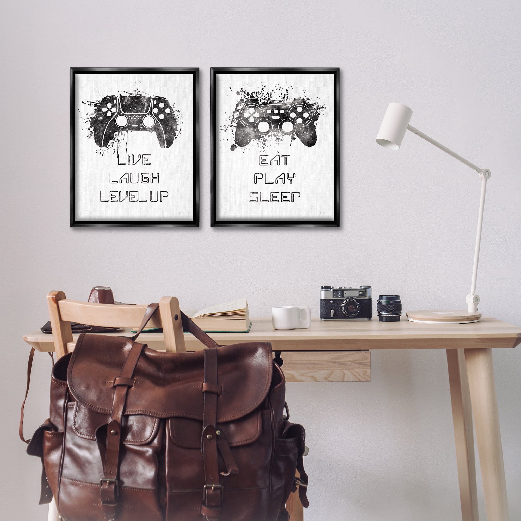 Stupell Industries Gamer Play Splash Controllers Text & Numbers Painting Black Floater Framed Canvas Art Print Wall Art, 17 x 21, Set of 2
