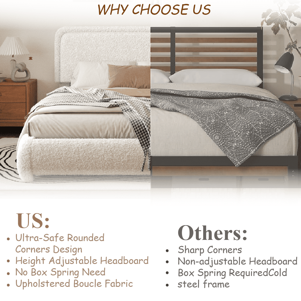 VIPLOV Full Size Boucle Bed Frame, Cloud Upholstered Platform Bed with Height Adjustable Headboard & Soft Rounded Corners, No Noise Free, Easy Assembly,White