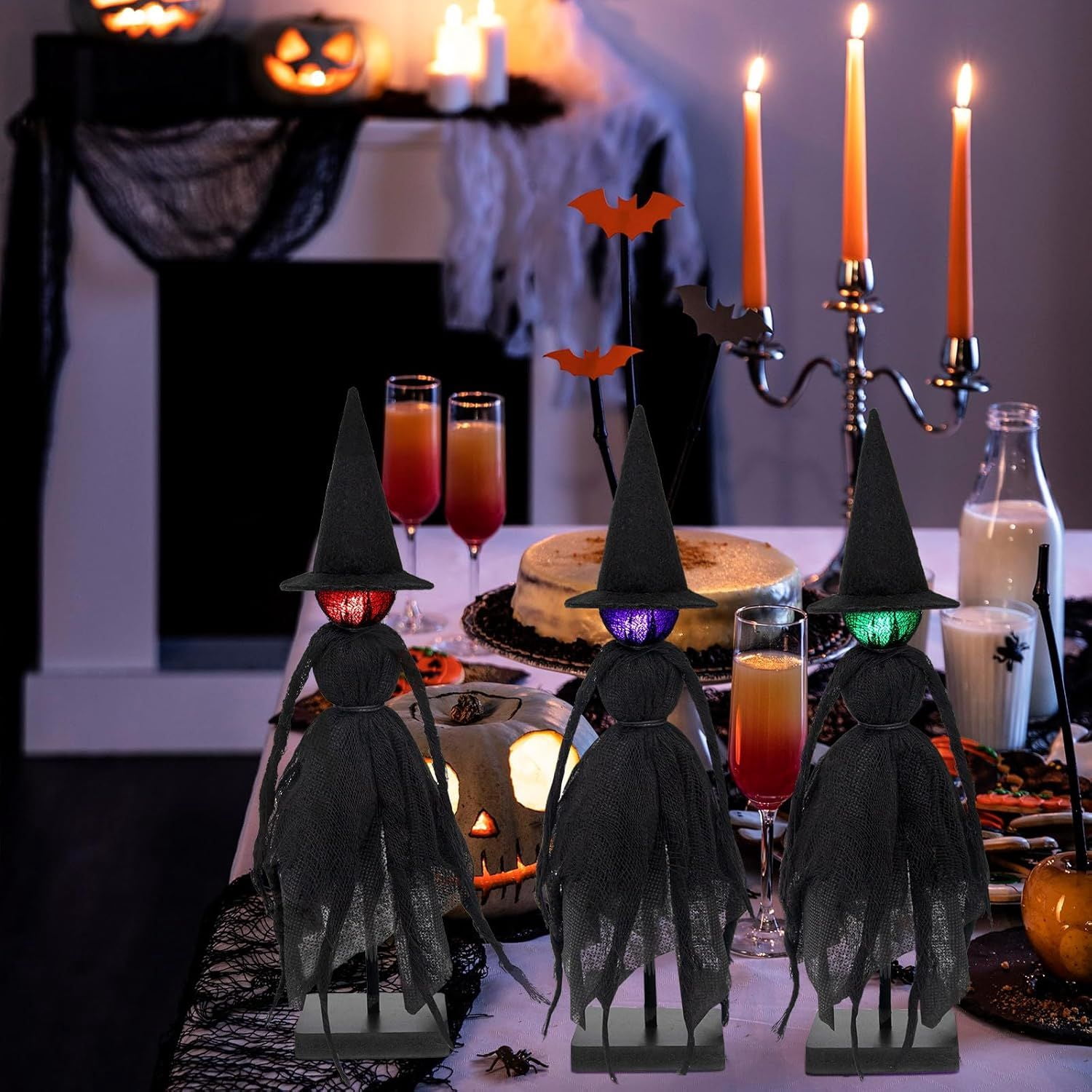 Set of 3 Light Up Witch Table Decorations with Red Green Purple LED Glow