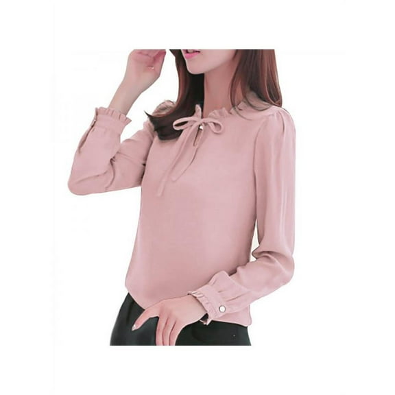 Women Chiffon Ruffle Collar Solid Color Long Sleeve Career Blouse Shirts
