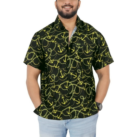 HAPPY BAY Men's Hawaiian Shirts Short Sleeve Button Down Shirt Men's Holiday Shirts Summer Beach Casual Aloha Tropical Shirts for Men Funny 4XL Metal, Anchor