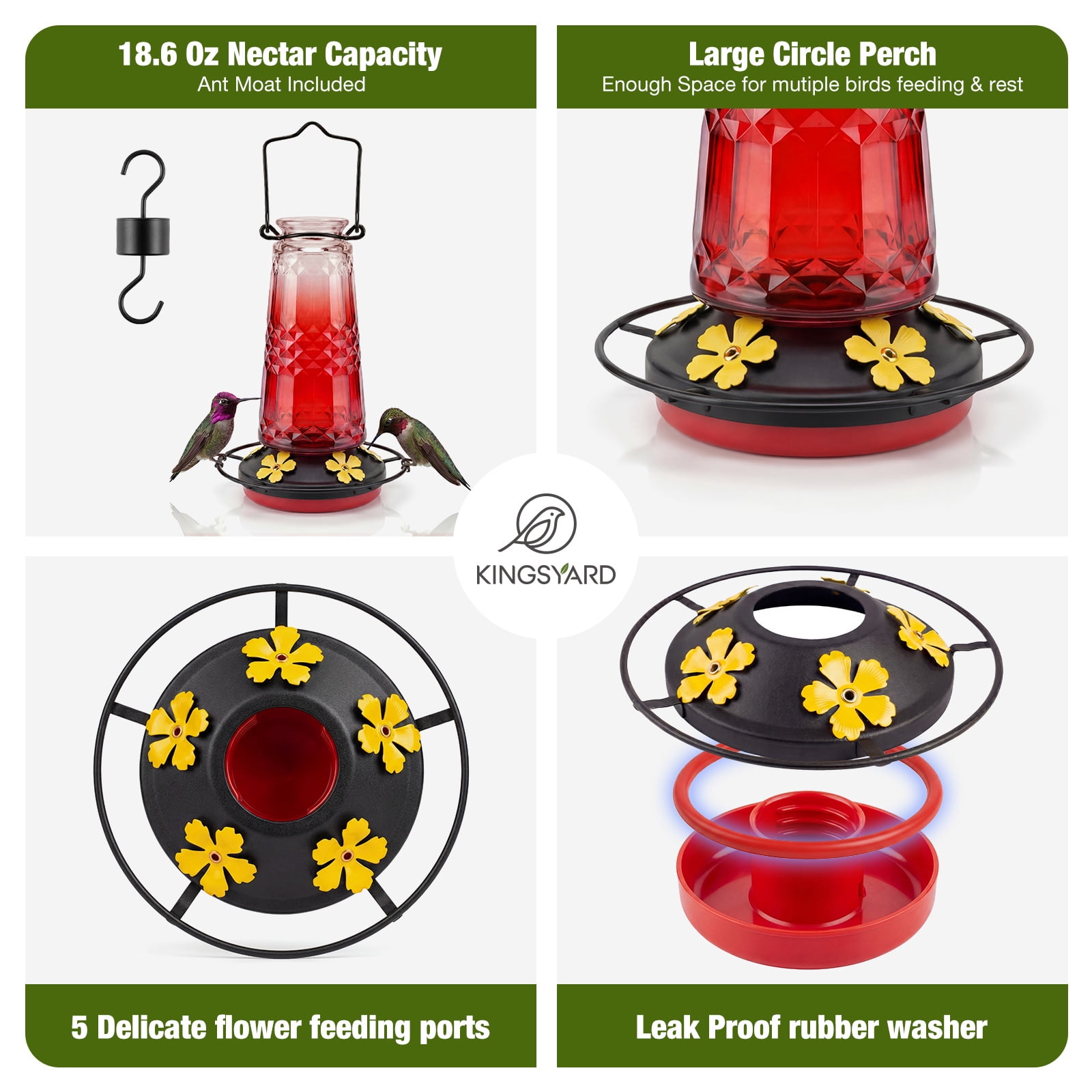 (2 pack) Kingsyard 18.6 oz Red Ombre Glass Hummingbird Feeder, 5 Yellow Ports, Ant Moat Included
