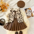 thumbnail image 2 of VNKIDY Girls Outfits Toddler Kids Winter Fashion Set Leopard Print Fuzzy Gilet Puff Long Sleeve Top Brown Pleated Leather Skirt Matching Headpiece For Daily Wear Stylish Outfits, 2 of 9
