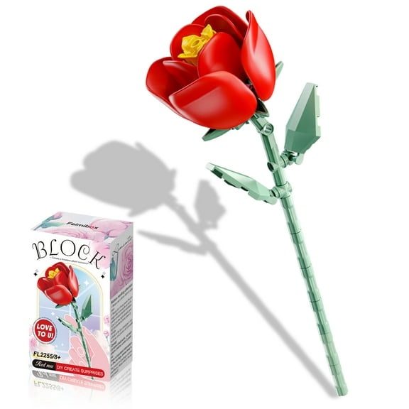 Single Red Rose Building Block Set, Decor for Home Office, Gift for Women Girls