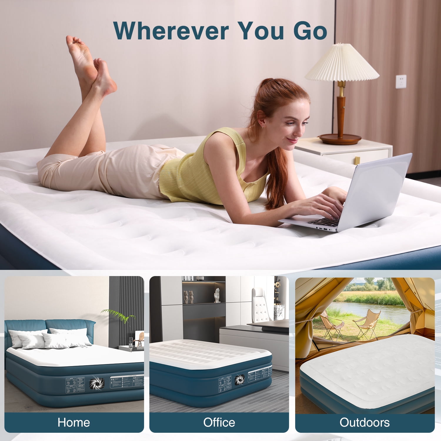 Lavisx Air Mattress 18" Queen Air Mattress with Built in Pump, Inflatable Mattress with Soft Flocked Top and Portable Carry Bag Adjustable Blow Up Mattress for Indoor, Guest, Travel