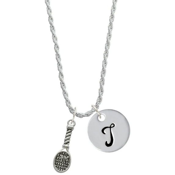 Delight Jewelry Silvertone Tennis Racquet Silvertone Script Initial Disc - T - Charm Necklace, 20"+3"