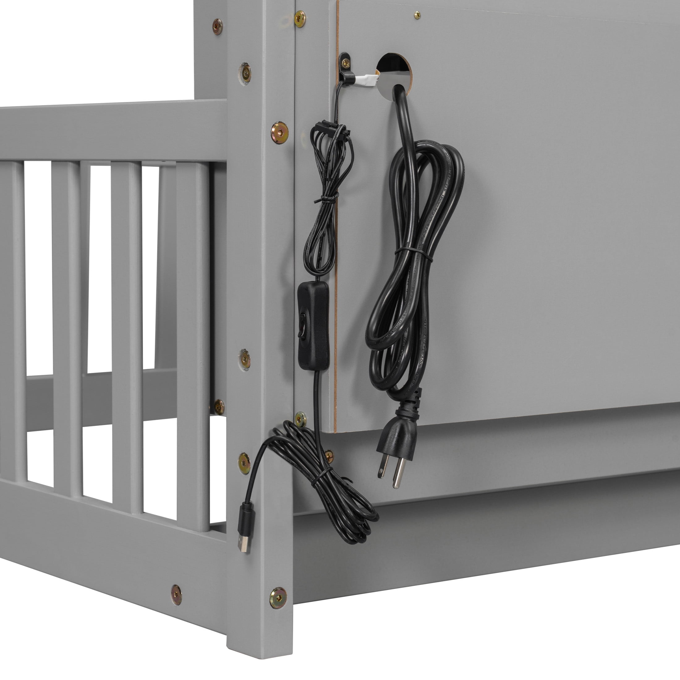 Noble House Norra Twin Size Pine Wooden House Floor Bed with Storage Shelves, LED Lights & Charging Station, Grey