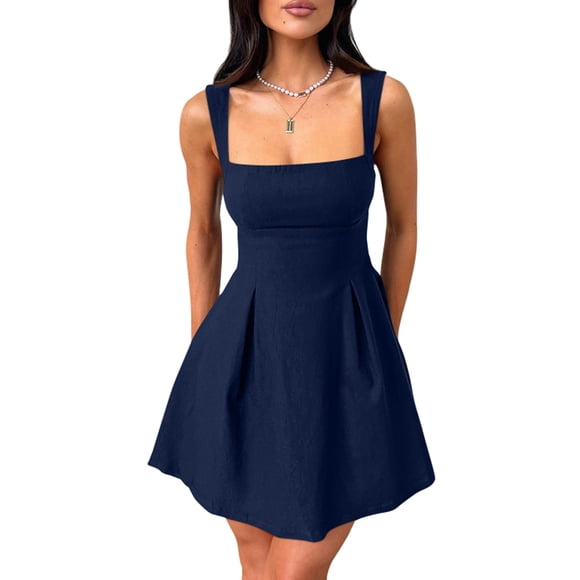 Vestido mini evasé sin mangas con cuello cuadrado, color azul marino, YMDUCH