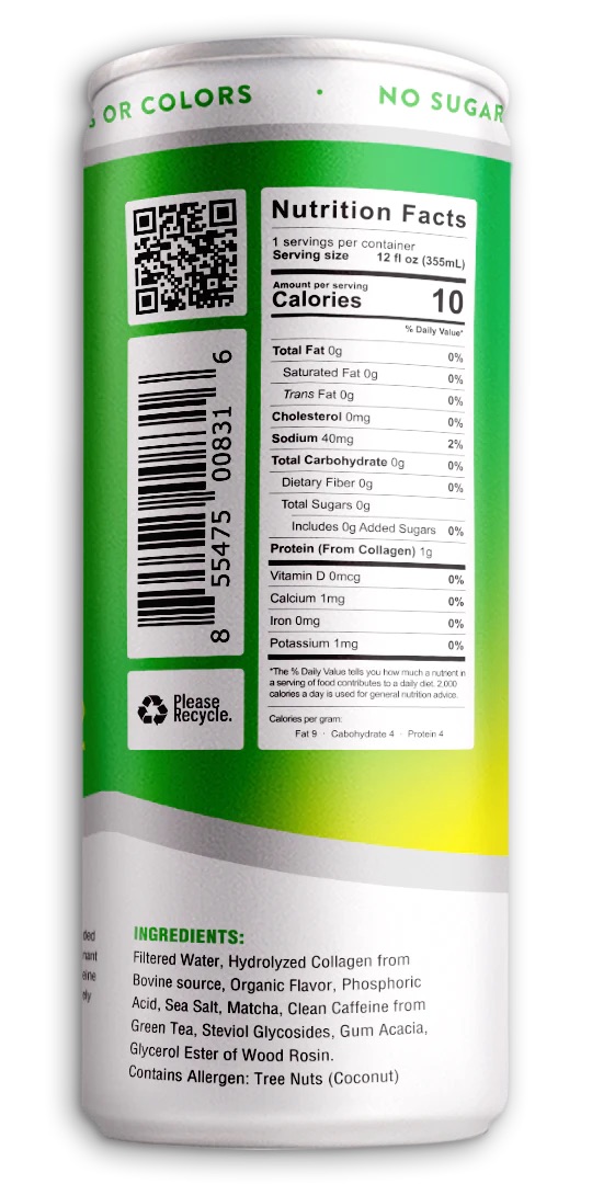 Vouke Coconut Green Tea + Collagen Clean Energy Drink - Non-Carbonated - 80mg Caffeine from Green Tea and matcha, Zero Sugar, 10 Calories (12FL OZ - 12 Pack)