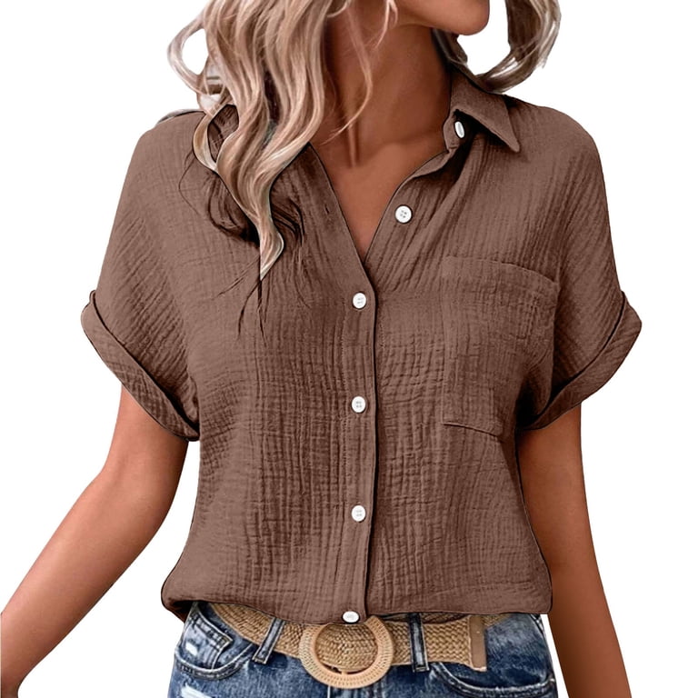 トップス LOHEN DOUBLE BUTTON BLOUSE Women's Solid Color Double Layer Bubble Crinkle Batwing Sleeve