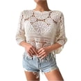 thumbnail image 2 of Women's Crochet Lace Beach Cover Up, 3/4 Sleeve Fringe Hem Hollow Out Loose Fit Poncho Top for Summer Vacation, Beige One Size, 2 of 6