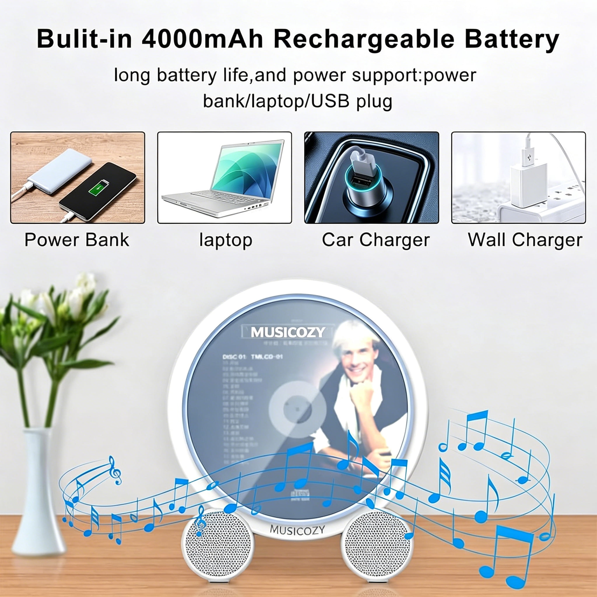 Portable Vertical CD Player with Bluetooth for Home with LCD Screen, Wireless Audio CD Player with Remote Control, Rechargeable Battery Built in HiFi Speakers Support Timed Music ON/Off FM USB SD