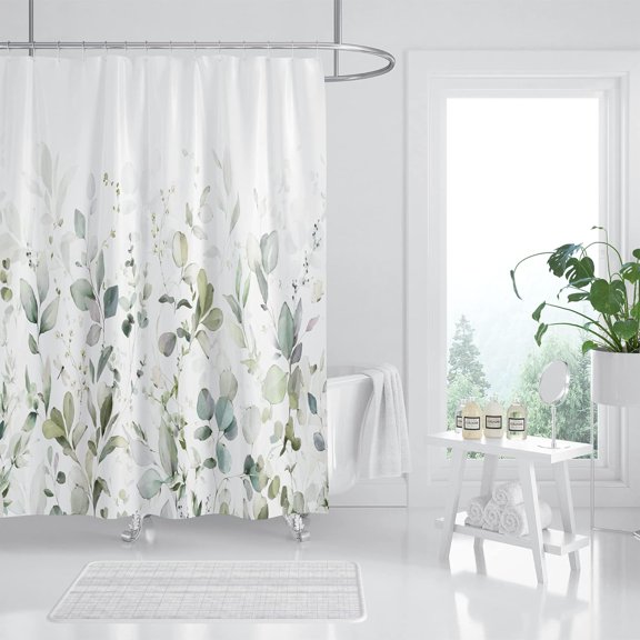 Sage Green Eucalyptus Shower Curtain, Watercolor Plant Leaf Shower Curtain Set, Botanical Shower Curtains for Bathroom, Waterproof Fabric with 12 Hooks, 72 x 72 Inches