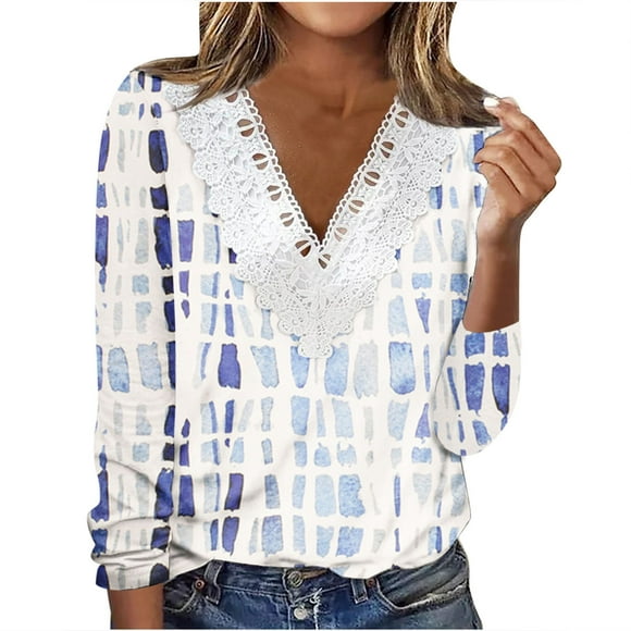 IROINNID Reduced Women's Long Sleeve V-Neck Shirts Daily Summer Sexy Fold Printed Regular Long Sleeves V-Neck Button Top,Light Blue