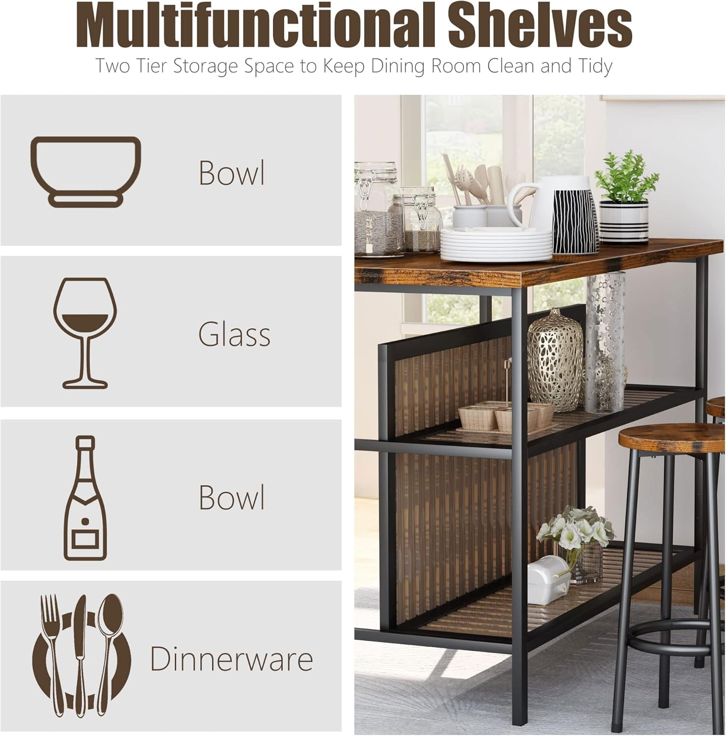 Cvortll Kitchen Island With Seating, Wooden Counter 33"Height Table with Storage Kitchen Table Set for 2