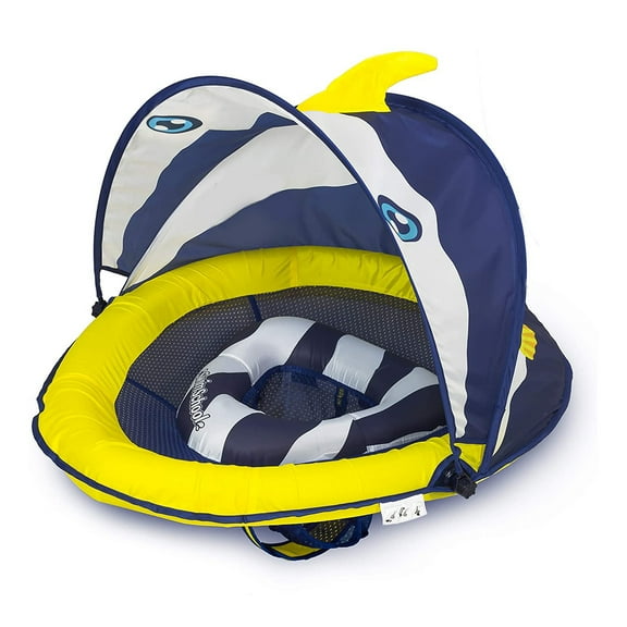 SwimSchool Perfect Fit BabyBoat w/ Sunshade Level 1 Fish Pool Float, Navy/White
