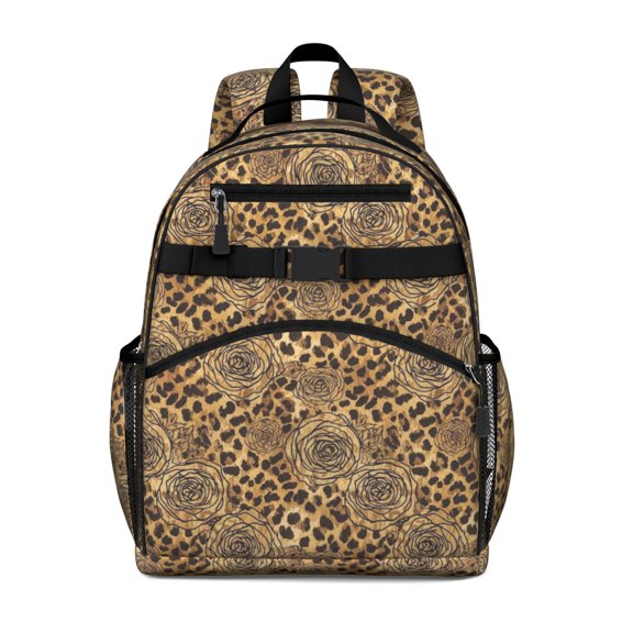 Black and Brown Leopard Print Cute School Backpack Bag for School with Padded Back and Adjustable Shoulder Straps 15.25"x11.5"x5.25"
