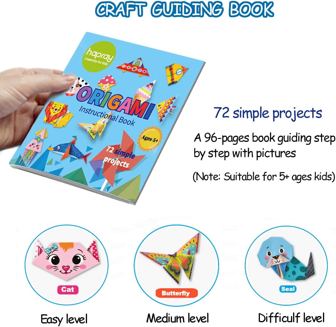 hapray Color Origami Paper for Kids, Origami Kit, 118 Sheets 6 inch Double Sided Origami with 54 Projects, 55 Pages Guiding Origami Book, for Craft