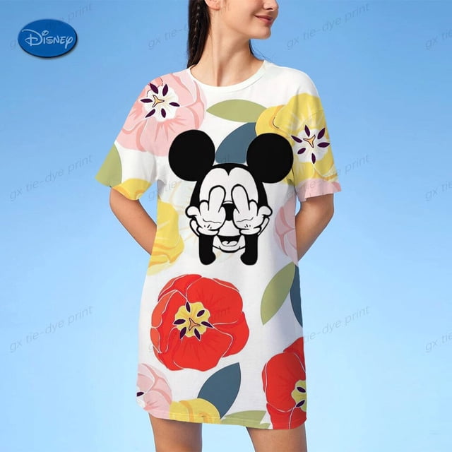 Disney Mickey Minnie Mouse Print Women's T-Shirt Dress Summer Women Tshirts Dress Casual Short Sleeves T-shirts Dress WomenXL Gao Jinjia LED