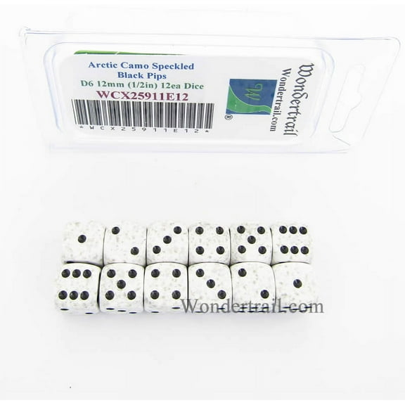 Arctic Camo Speckled Dice with Black Pips D6 12mm (1/2in) Pack of 12 Wondertrail