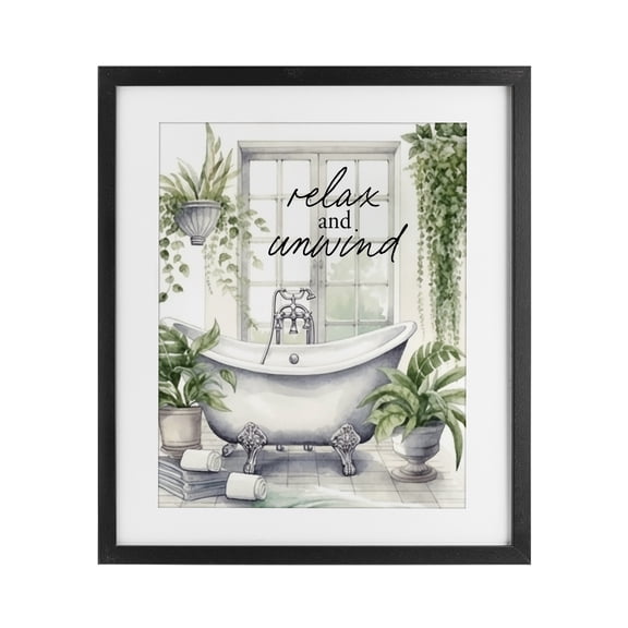 Relax Unwind Bath & Foliage Black Framed Print Under Glass, design by Lettered and Lined