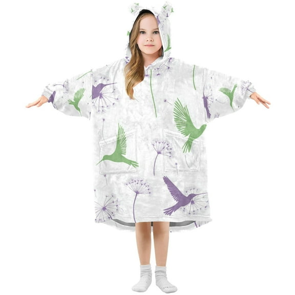 FORMRS Wearable Blanket Hoodie with Sleeves for Kids Cozy Flannel Sweatshirt, Purple Birds
