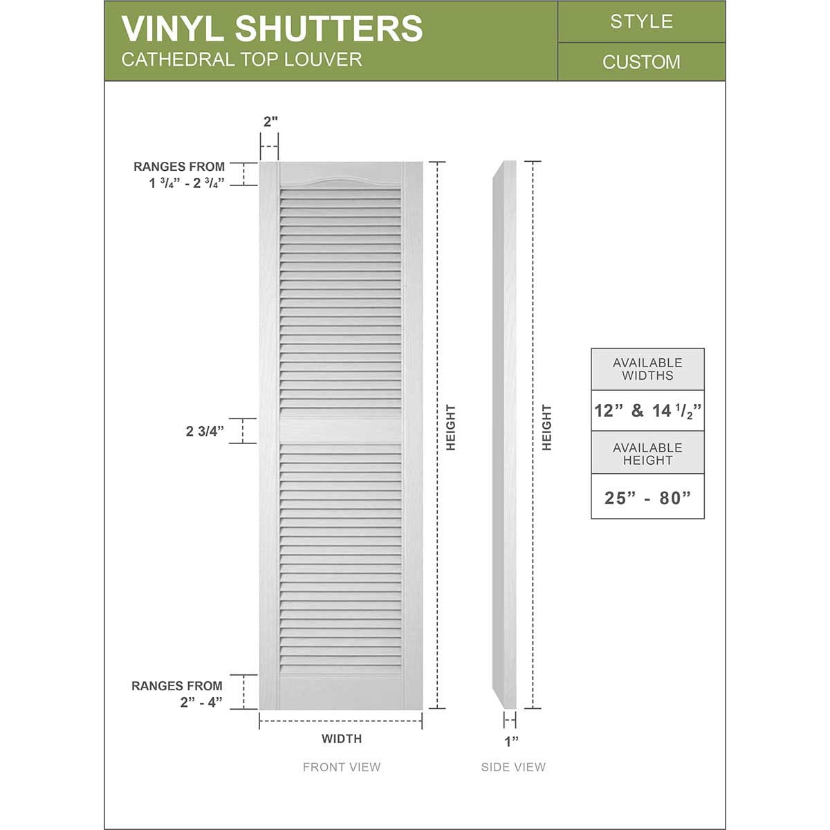 14 1/2"W X 67"H Mid-America Vinyl, Standard Size Cathedral Top Center Mullion, Open Louver Shutter, W/Installation Shutter-Lok'S & Matching Screws, 030 - Paintable