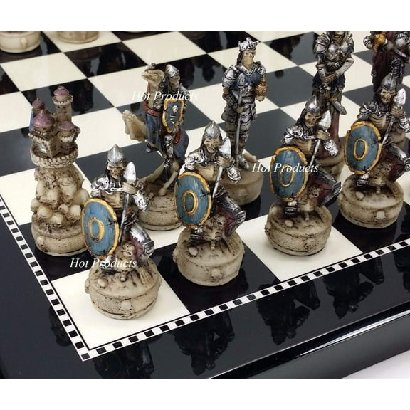 Medieval Times Skeleton Slayer Gothic Skull Chess Set W/ 15" BLACK  WHITE Board