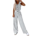 thumbnail image 7 of CHUMUD Women's 2 Piece Outfits Linen Vest Waistcoat Dressy Casual Sets Wide Leg Elastic Waist Pants Suits Solid Tracksuits Summer Going Out, 7 of 7