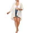 thumbnail image 2 of MODA NOVA Juniors Plus Size Lace Floral High Low Hem 3/4 Sleeve Sheer Cardigan White 1X, 2 of 6