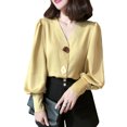 thumbnail image 3 of Camisa de mujer Cuello en V Verano Color sólido Linterna Botón de manga larga Top, Amarillo, M seitruly AP001446-02, 3 of 7