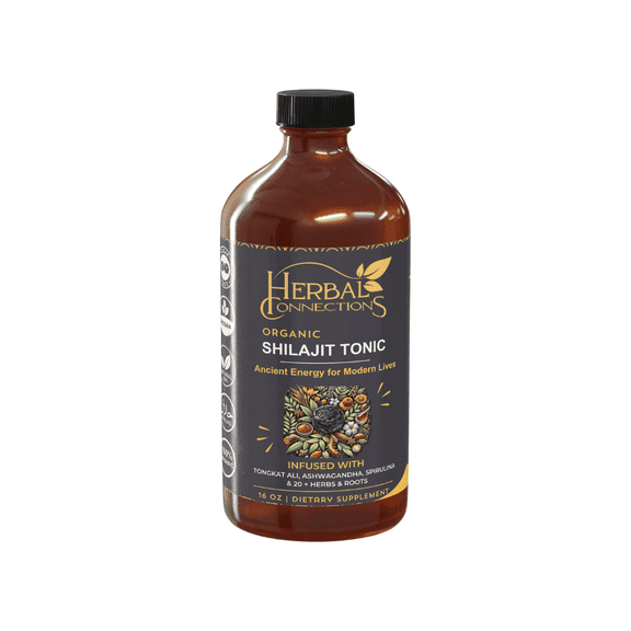 Organic Himalayan Shilajit Tonic with Ashwagandha, Ginseng, Tongkat Ali, Spirulina, Fulvic Acid & 20 Organic Herbs – 16 Fl Oz - 32 Servings